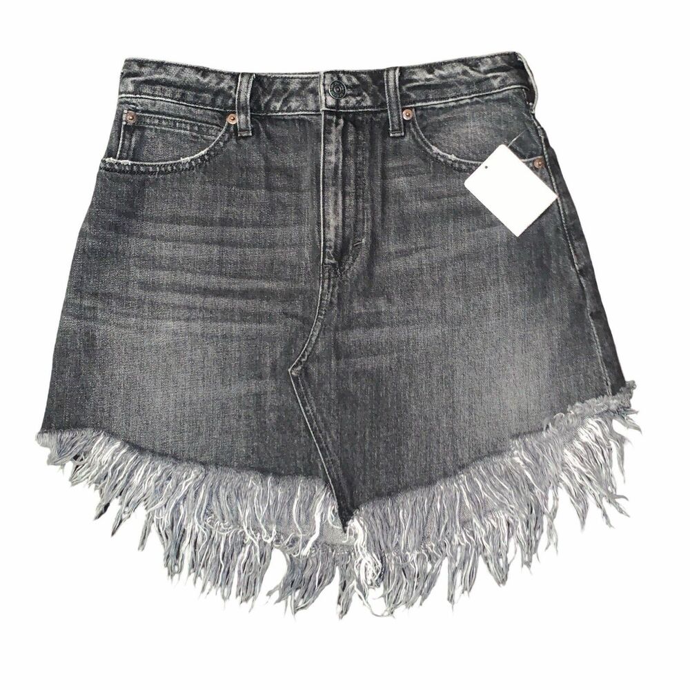 Free People Maverick frayed denim mini skirt in black wash In Size 27 NWT Boho